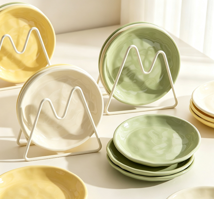 Pastel Macaron Wavy Ceramic Plate Set, Luxury Irregular Tableware, Fruit Cake Platter with Storage Stand for Cafe & Home